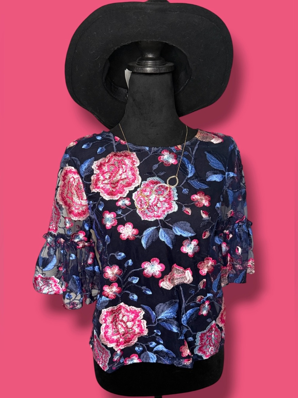 Floral Embroidered Navy Ruffle sheer Sleeve Top - Zara